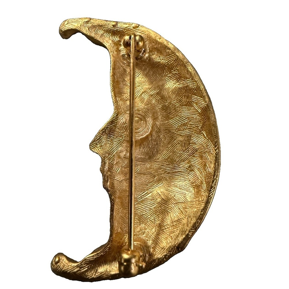 Vintage Gold Tone Man in the Moon Brooch Crescent Face Celestial Statement Pin - Picture 2 of 3